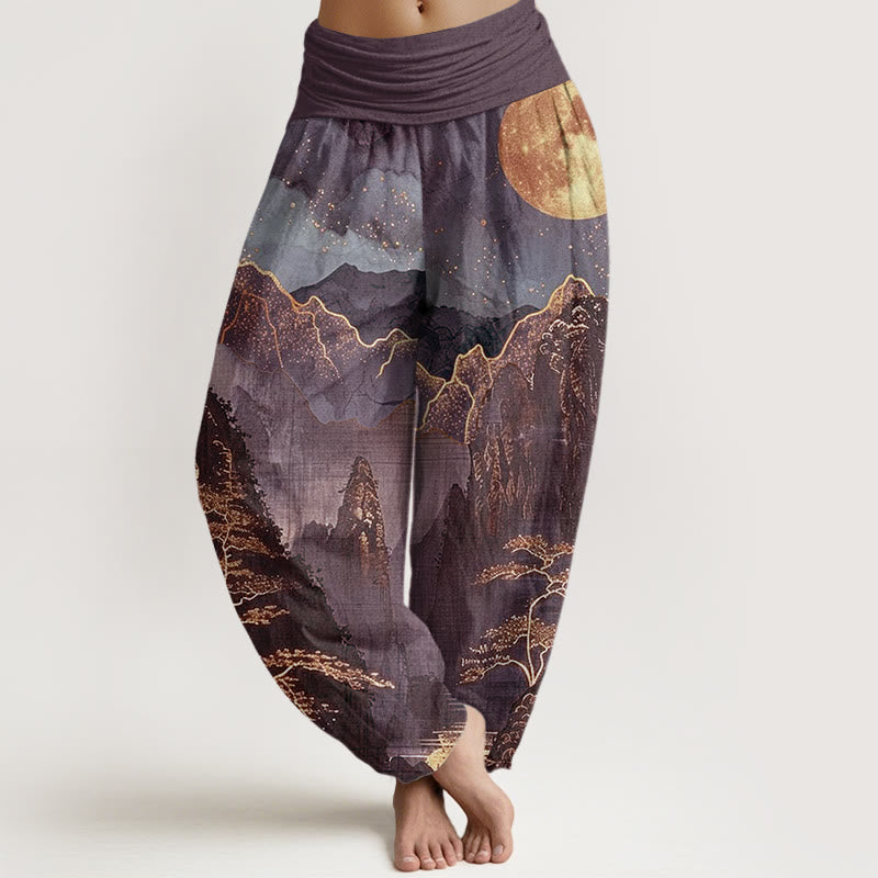 Buddha Stones Casual Full Moon Mountains Trees River Pattern Women's Elastic Waist Harem Pants