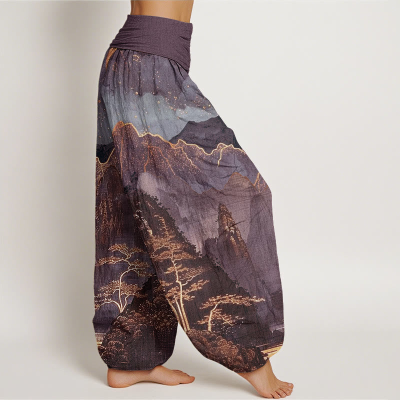 Buddha Stones Casual Full Moon Mountains Trees River Pattern Women's Elastic Waist Harem Pants - image 5