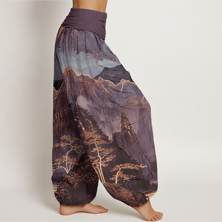 Buddha Stones Casual Full Moon Mountains Trees River Pattern Women's Elastic Waist Harem Pants - image 5