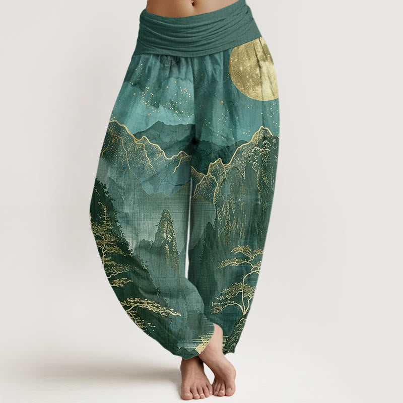Buddha Stones Casual Full Moon Mountains Trees River Pattern Women's Elastic Waist Harem Pants - DarkCyan - US22，UK/AU26，EU54 (6XL) - image 7
