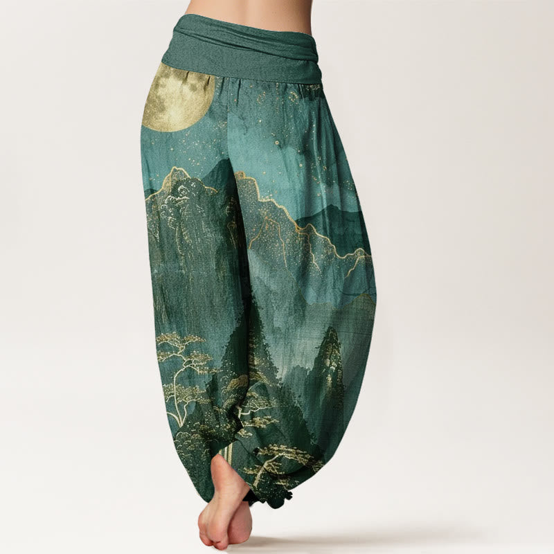 Buddha Stones Casual Full Moon Mountains Trees River Pattern Women's Elastic Waist Harem Pants - image 9