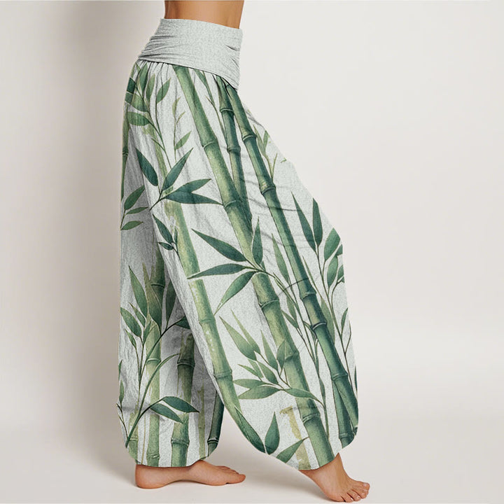Buddha Stones Casual Bamboo Leaves Pattern Women's Elastic Waist Harem Pants