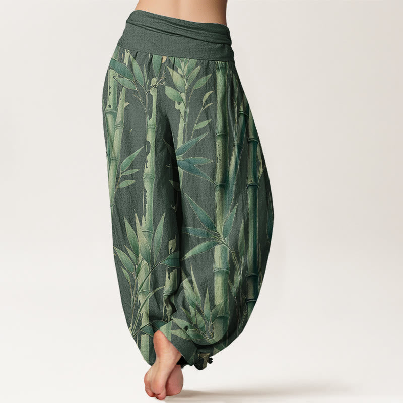 Buddha Stones Casual Bamboo Leaves Pattern Women's Elastic Waist Harem Pants