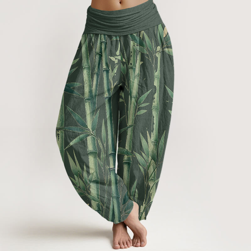 Buddha Stones Casual Bamboo Leaves Pattern Women's Elastic Waist Harem Pants