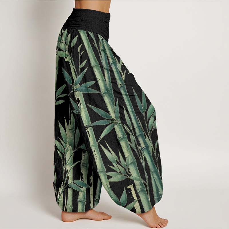 Buddha Stones Casual Bamboo Leaves Pattern Women's Elastic Waist Harem Pants