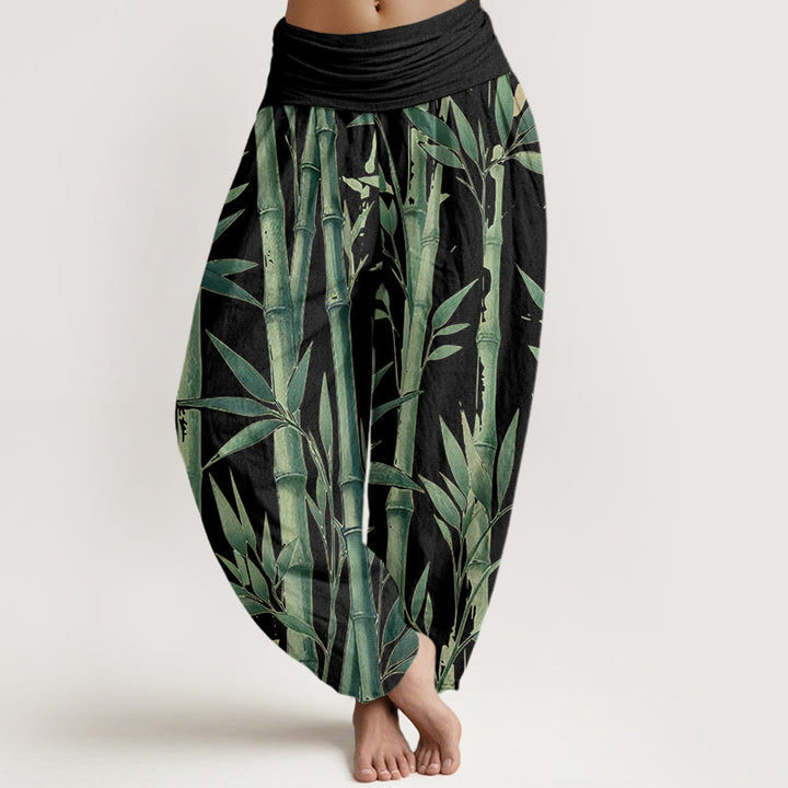 Buddha Stones Casual Bamboo Leaves Pattern Women's Elastic Waist Harem Pants