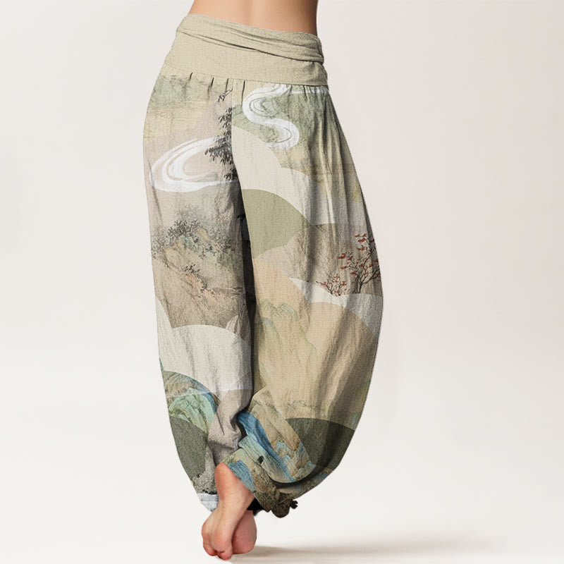 Buddha Stones Chinese Landscape Mountains Rivers Mist Design Women's Elastic Waist Harem Pants - image 1
