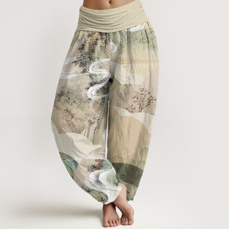 Buddha Stones Chinese Landscape Mountains Rivers Mist Design Women's Elastic Waist Harem Pants - Beige - US22，UK/AU26，EU54 (6XL) - image 0