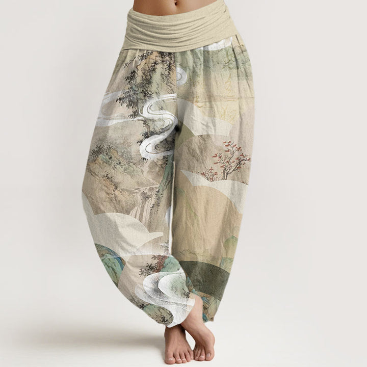 Buddha Stones Chinese Landscape Mountains Rivers Mist Design Women's Elastic Waist Harem Pants - Beige - US22，UK/AU26，EU54 (6XL) - image 0
