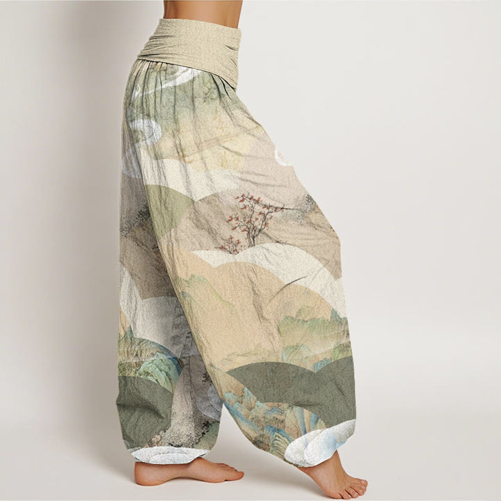 Buddha Stones Chinese Landscape Mountains Rivers Mist Design Women's Elastic Waist Harem Pants - image 2