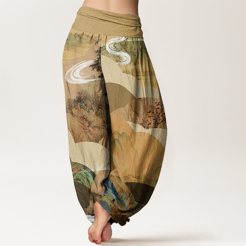 Buddha Stones Chinese Landscape Mountains Rivers Mist Design Women's Elastic Waist Harem Pants - image 5