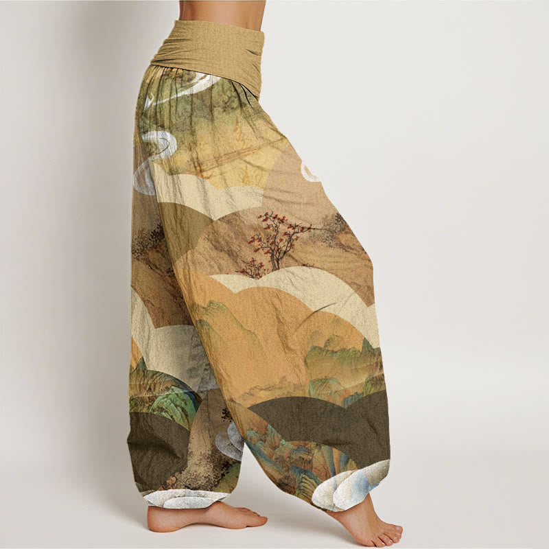 Buddha Stones Chinese Landscape Mountains Rivers Mist Design Women's Elastic Waist Harem Pants - image 6
