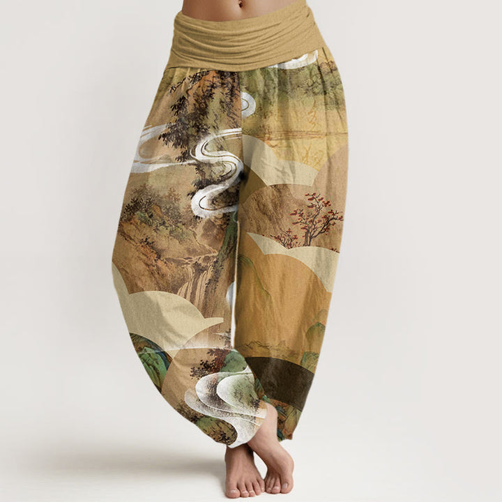 Buddha Stones Chinese Landscape Mountains Rivers Mist Design Women's Elastic Waist Harem Pants - Khaki - US22，UK/AU26，EU54 (6XL) - image 4