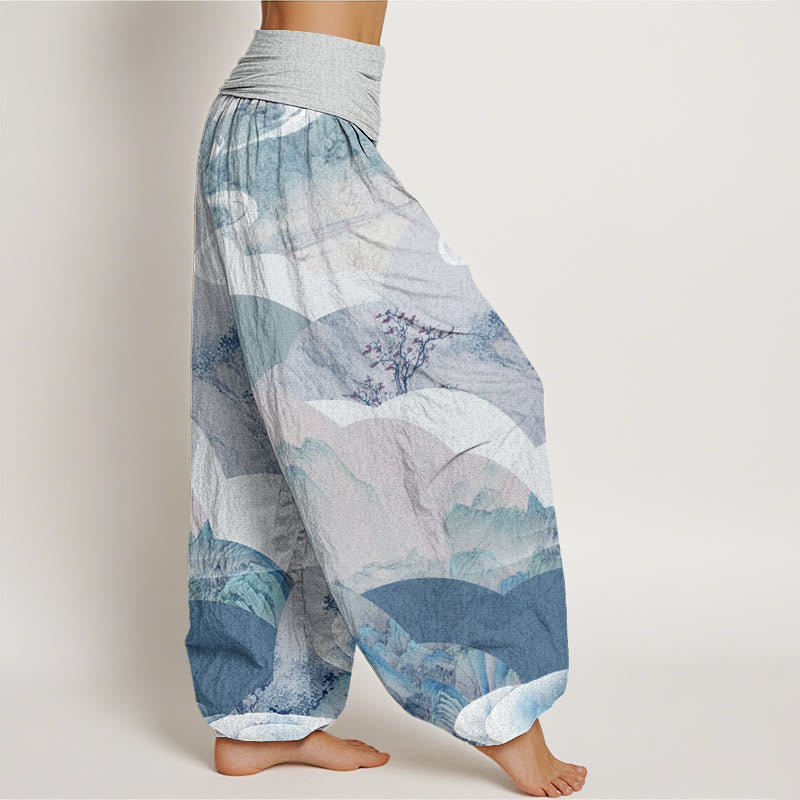 Buddha Stones Chinese Landscape Mountains Rivers Mist Design Women's Elastic Waist Harem Pants - image 9