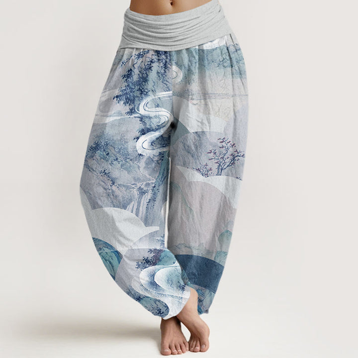 Buddha Stones Chinese Landscape Mountains Rivers Mist Design Women's Elastic Waist Harem Pants - Azure - US22，UK/AU26，EU54 (6XL) - image 7