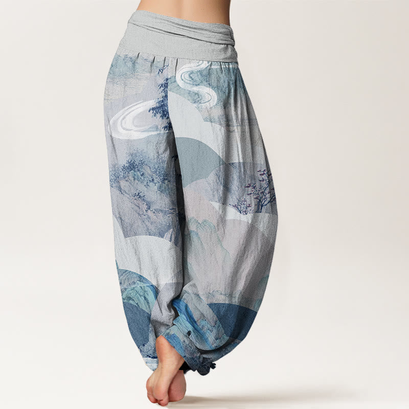 Buddha Stones Chinese Landscape Mountains Rivers Mist Design Women's Elastic Waist Harem Pants - image 8