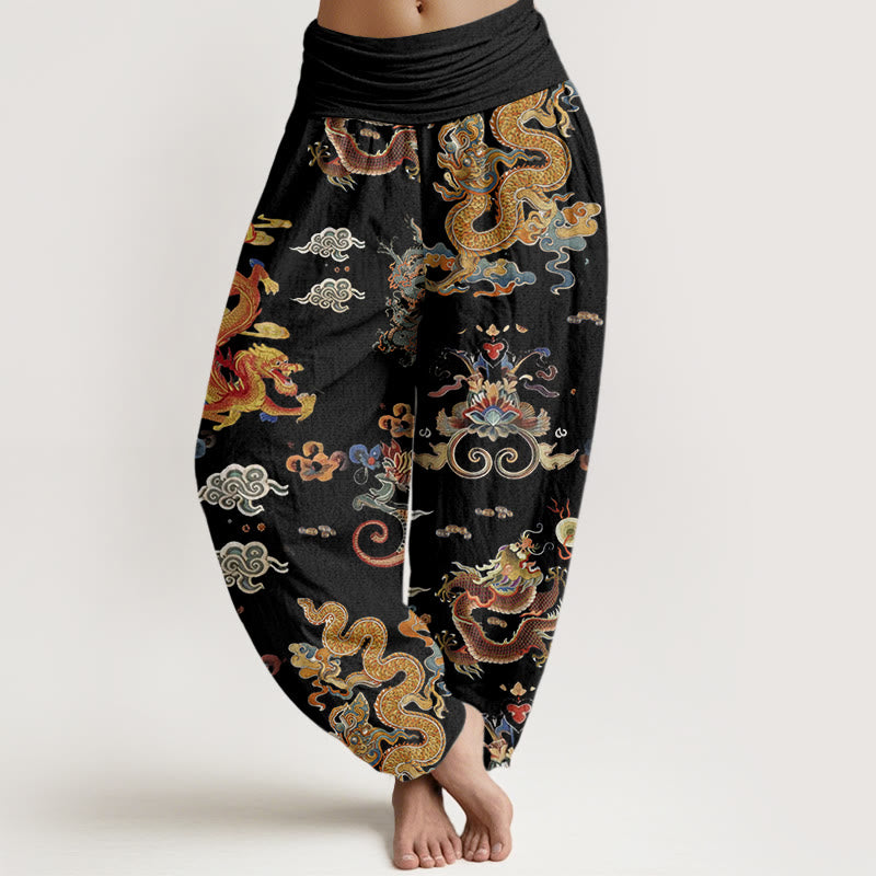 Buddha Stones Golden Dragons Auspicious Clouds Design Women's Elastic Waist Harem Pants - Black - US22，UK/AU26，EU54 (6XL) - image 0