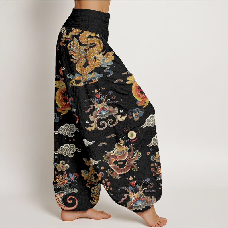 Buddha Stones Golden Dragons Auspicious Clouds Design Women's Elastic Waist Harem Pants - image 1