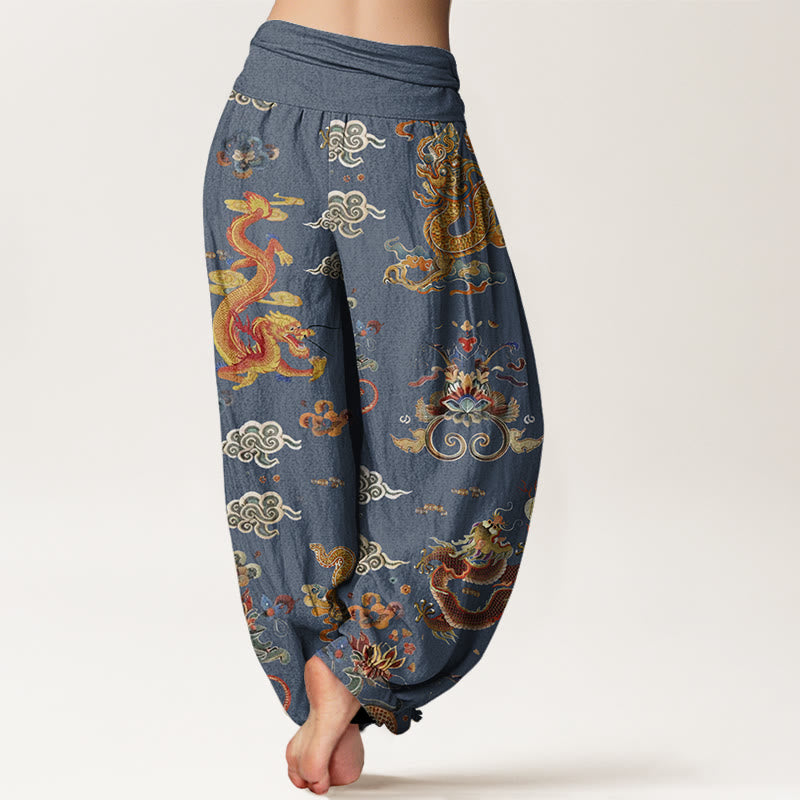 Buddha Stones Cotton Golden Dragons Auspicious Clouds Design Women's Elastic Waist Harem Pants - image 5