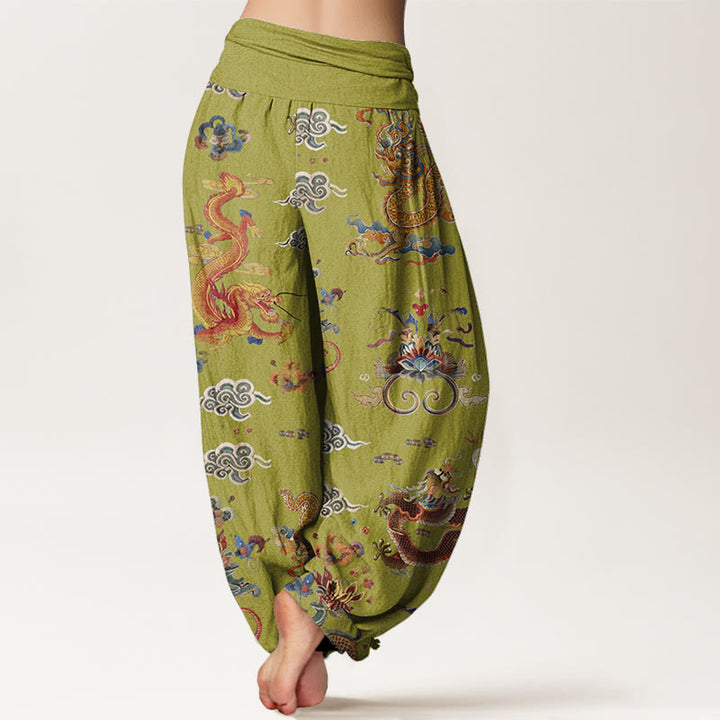 Buddha Stones Cotton Golden Dragons Auspicious Clouds Design Women's Elastic Waist Harem Pants - image 8