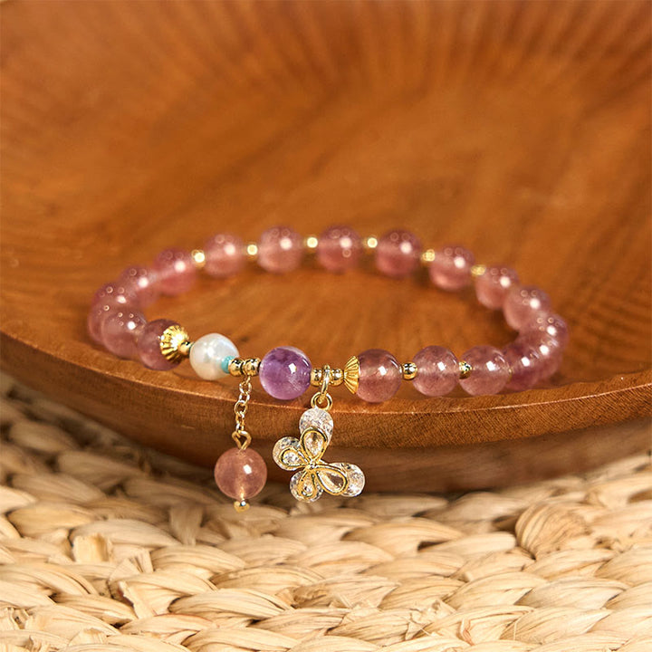 Buddha Stones Natural Strawberry Quartz Green Strawberry Quartz Butterfly Charm Love Bracelet