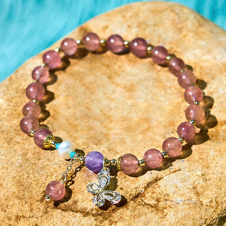 Buddha Stones Natural Strawberry Quartz Green Strawberry Quartz Butterfly Charm Love Bracelet