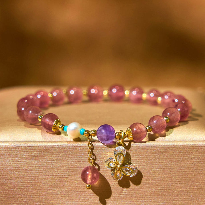 Buddha Stones Natural Strawberry Quartz Green Strawberry Quartz Butterfly Charm Love Bracelet