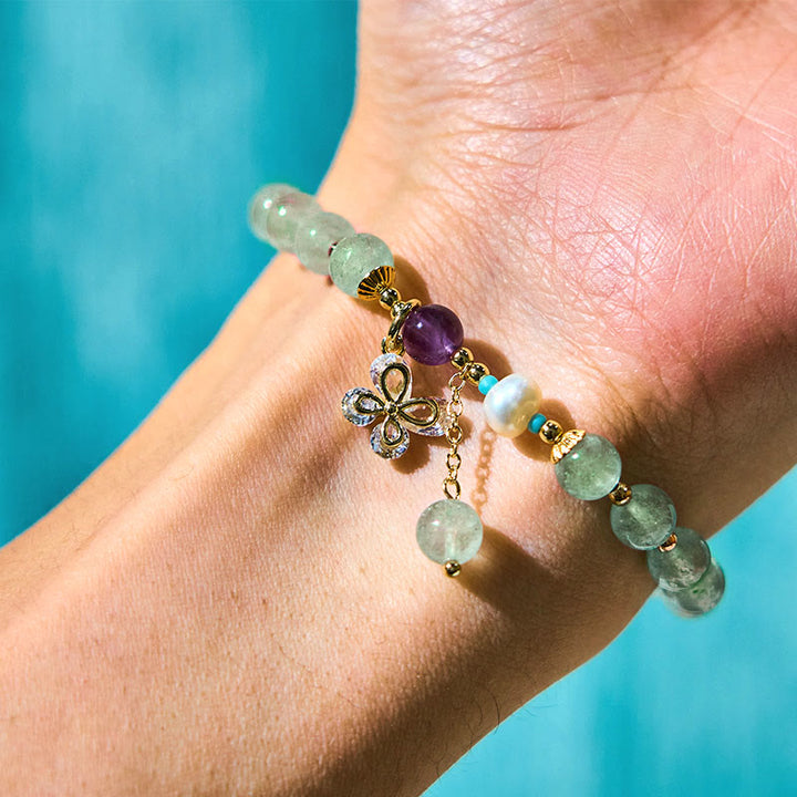 Buddha Stones Natural Strawberry Quartz Green Strawberry Quartz Butterfly Charm Love Bracelet