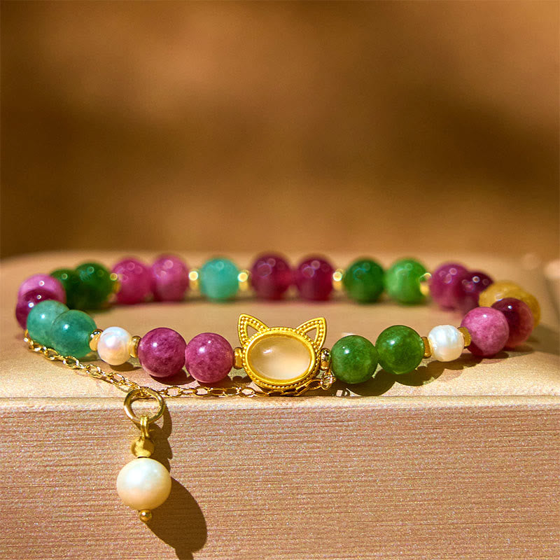 Buddha Stones Colorful Tourmaline Lucky Cat Positive Bracelet