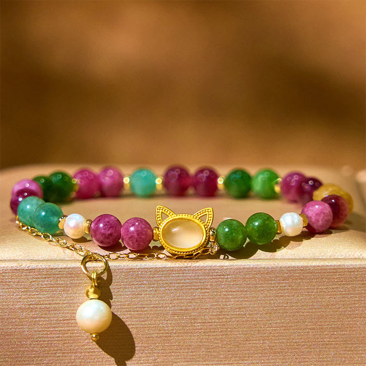 Buddha Stones Colorful Tourmaline Lucky Cat Positive Bracelet