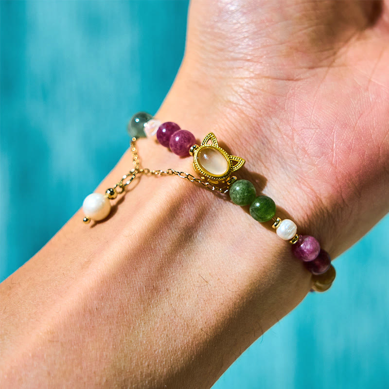 Buddha Stones Colorful Tourmaline Lucky Cat Positive Bracelet