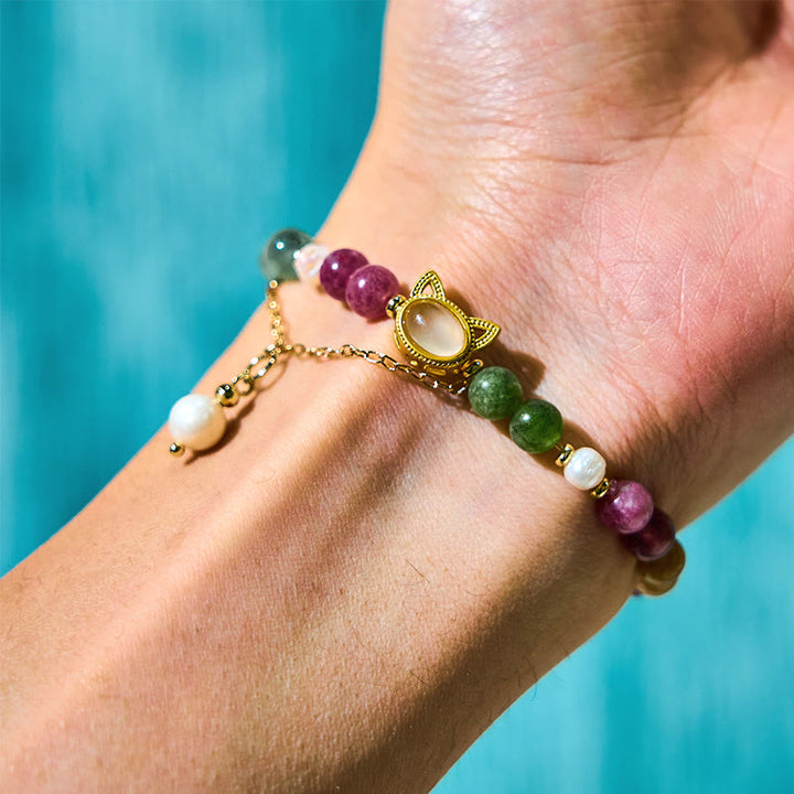 Buddha Stones Colorful Tourmaline Lucky Cat Positive Bracelet