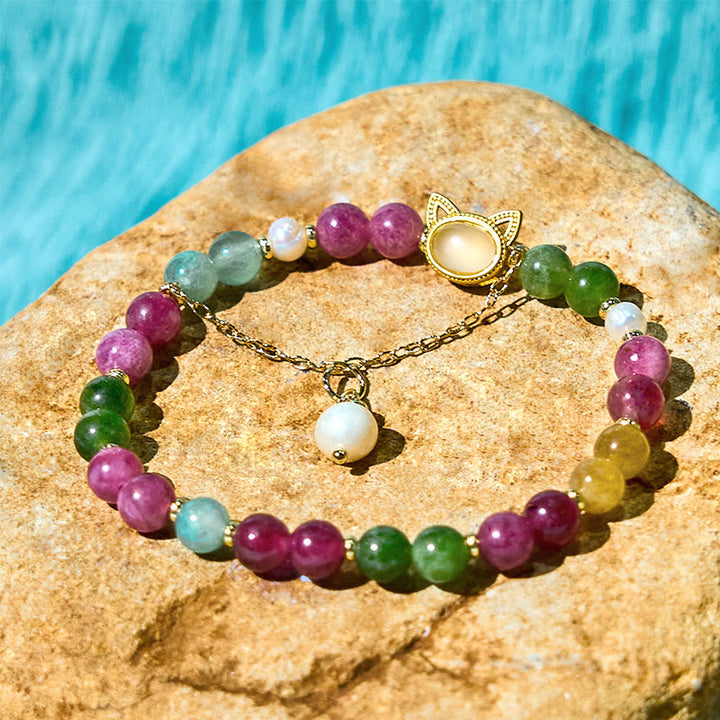 Buddha Stones Colorful Tourmaline Lucky Cat Positive Bracelet