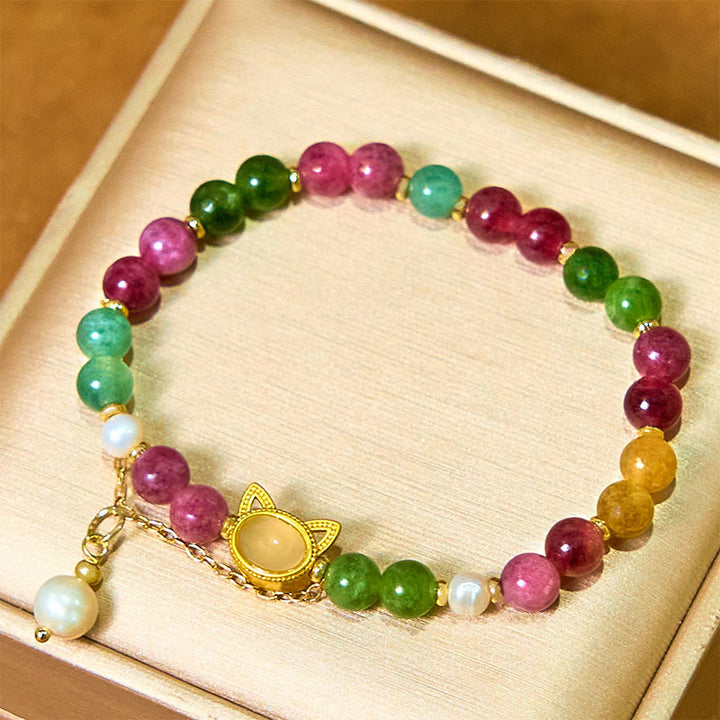 Buddha Stones Colorful Tourmaline Lucky Cat Positive Bracelet