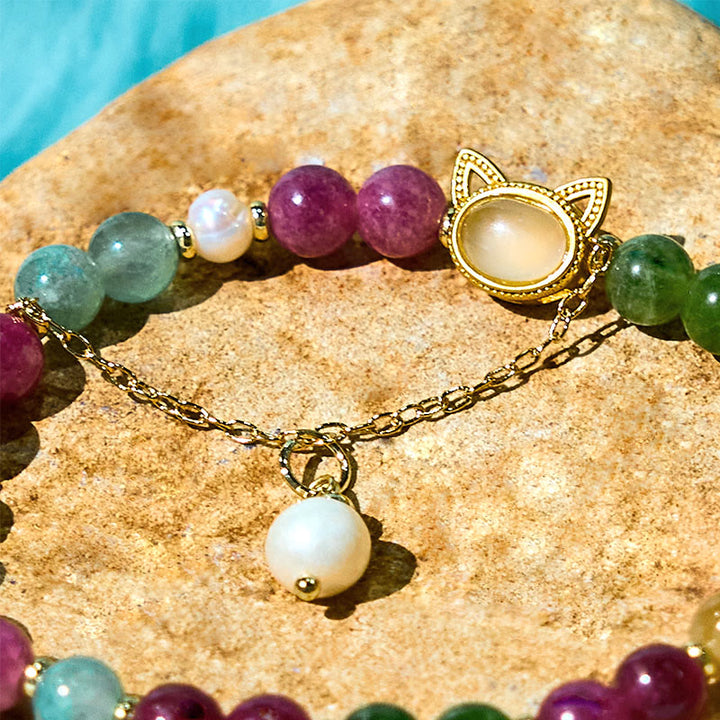 Buddha Stones Colorful Tourmaline Lucky Cat Positive Bracelet