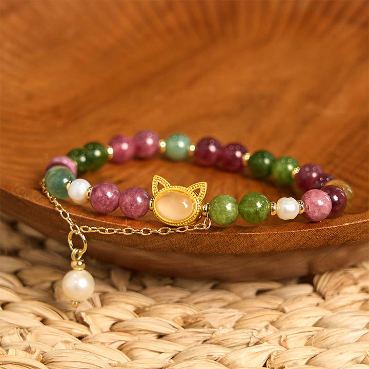 Buddha Stones Colorful Tourmaline Lucky Cat Positive Bracelet