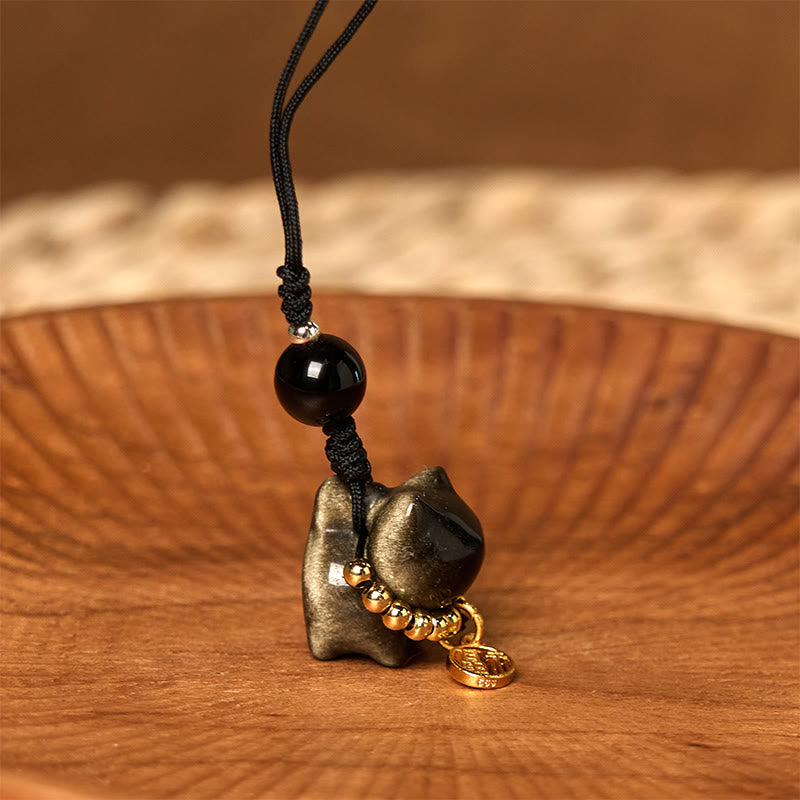 Buddha Stones Silver Sheen Obsidian Black Obsidian Gold Sheen Obsidian Cute Cat Fu Character Protection Key Chain Phone Hanging Decoration - Gold Sheen Obsidian Phone Hanging Decoration - image 20