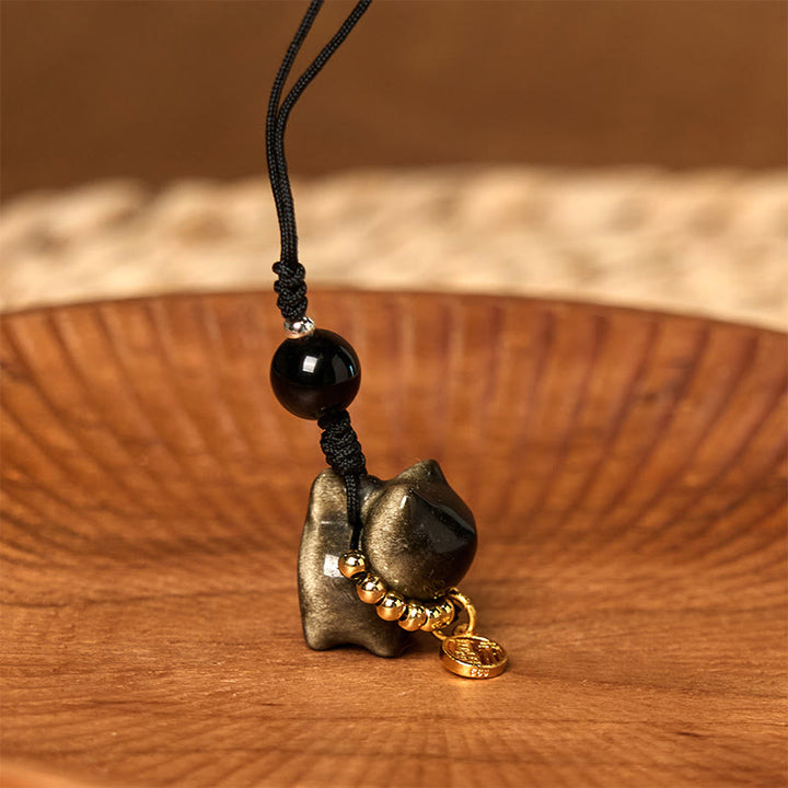 Buddha Stones Silver Sheen Obsidian Black Obsidian Gold Sheen Obsidian Cute Cat Fu Character Protection Key Chain Phone Hanging Decoration - Gold Sheen Obsidian Phone Hanging Decoration - image 20