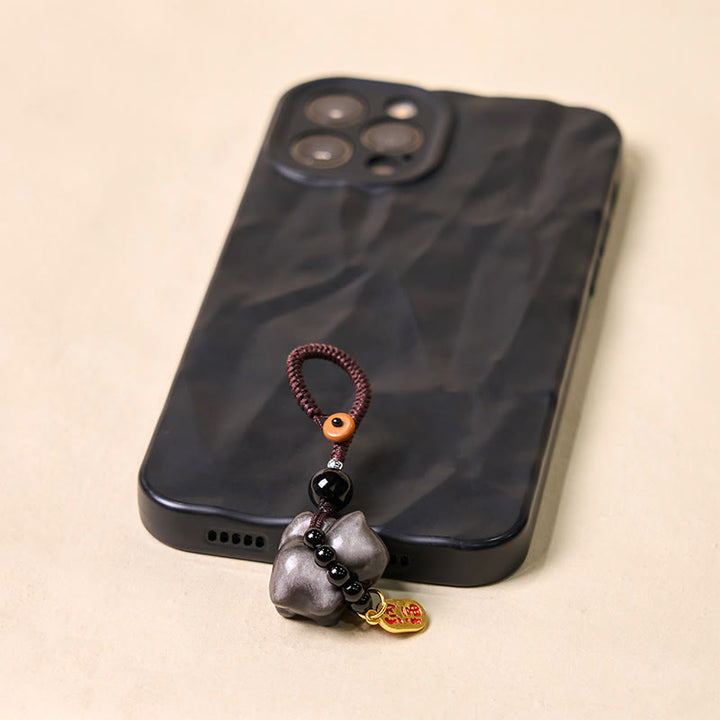 Buddha Stones Silver Sheen Obsidian Black Obsidian Gold Sheen Obsidian Cute Cat Fu Character Protection Key Chain Phone Hanging Decoration - image 5