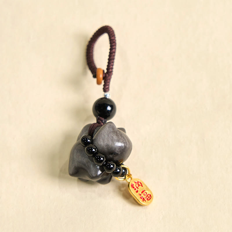Buddha Stones Silver Sheen Obsidian Black Obsidian Gold Sheen Obsidian Cute Cat Fu Character Protection Key Chain Phone Hanging Decoration - image 2