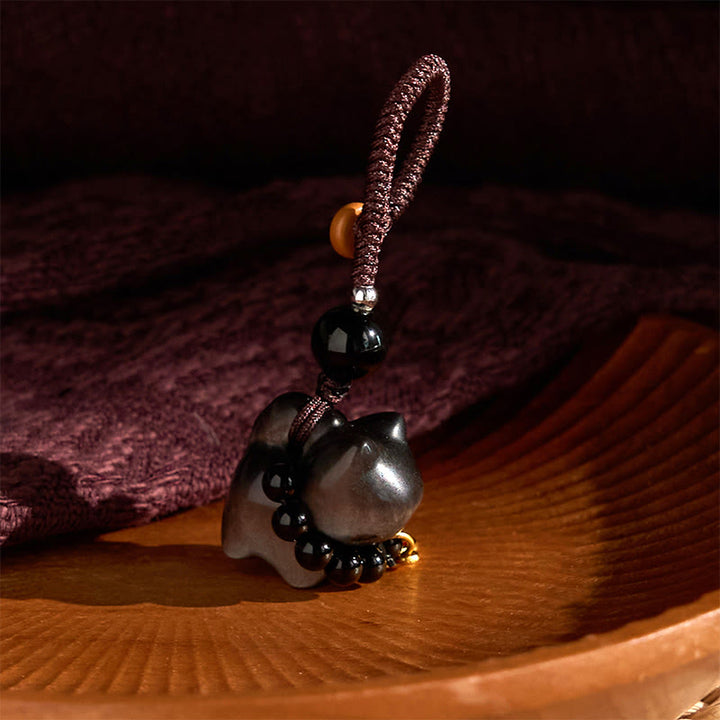 Buddha Stones Silver Sheen Obsidian Black Obsidian Gold Sheen Obsidian Cute Cat Fu Character Protection Key Chain Phone Hanging Decoration - image 9