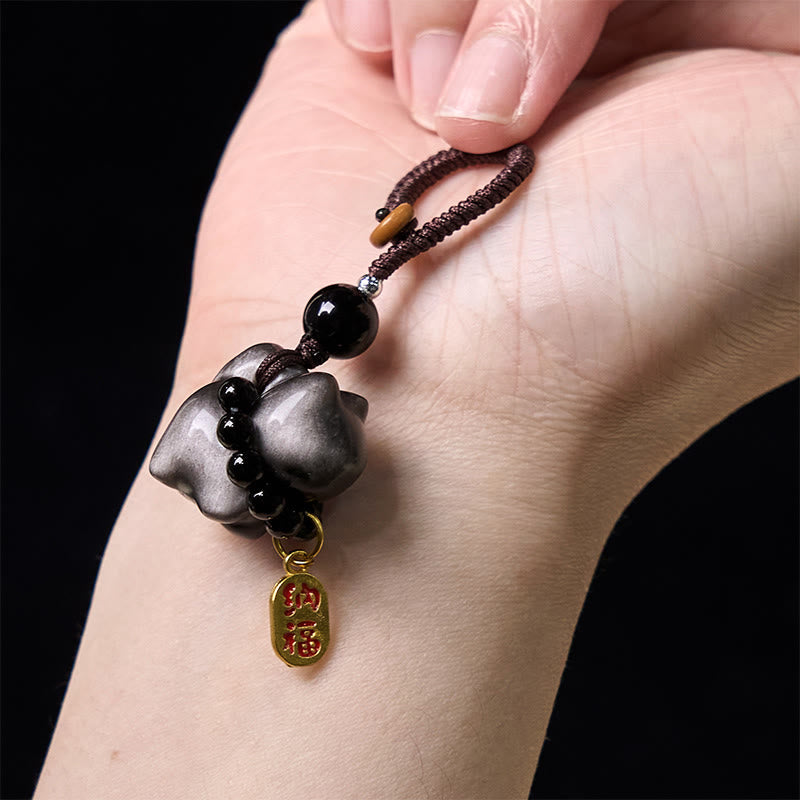 Buddha Stones Silver Sheen Obsidian Black Obsidian Gold Sheen Obsidian Cute Cat Fu Character Protection Key Chain Phone Hanging Decoration - image 4