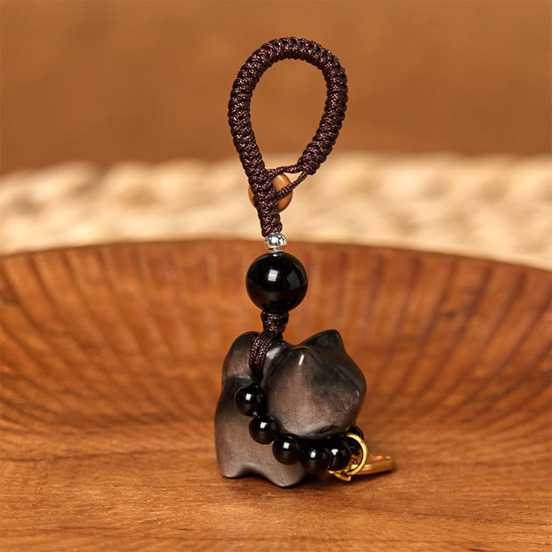 Buddha Stones Silver Sheen Obsidian Black Obsidian Gold Sheen Obsidian Cute Cat Fu Character Protection Key Chain Phone Hanging Decoration - image 3