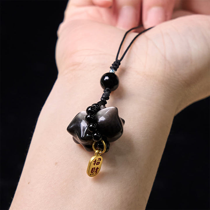 Buddha Stones Silver Sheen Obsidian Black Obsidian Gold Sheen Obsidian Cute Cat Fu Character Protection Key Chain Phone Hanging Decoration - image 16