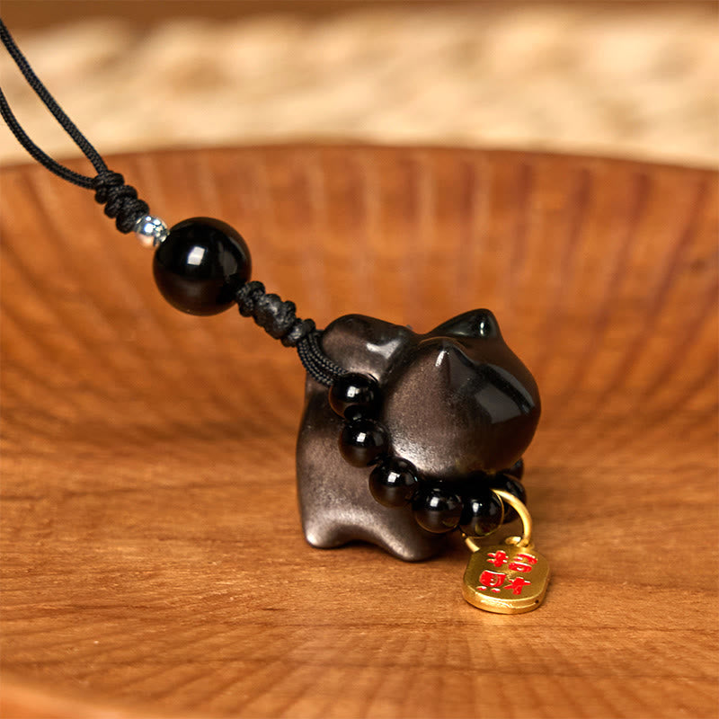 Buddha Stones Silver Sheen Obsidian Black Obsidian Gold Sheen Obsidian Cute Cat Fu Character Protection Key Chain Phone Hanging Decoration - image 15