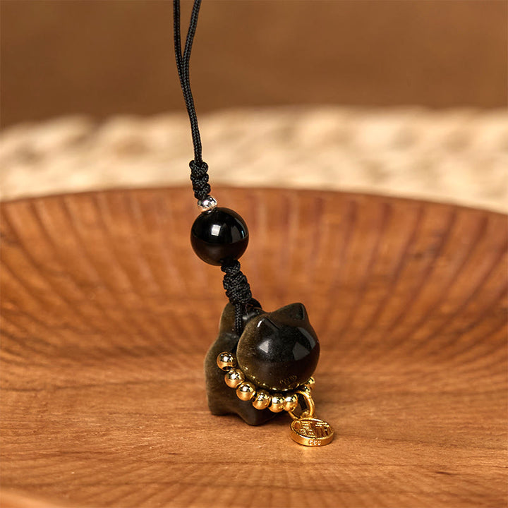 Buddha Stones Silver Sheen Obsidian Black Obsidian Gold Sheen Obsidian Cute Cat Fu Character Protection Key Chain Phone Hanging Decoration - image 14