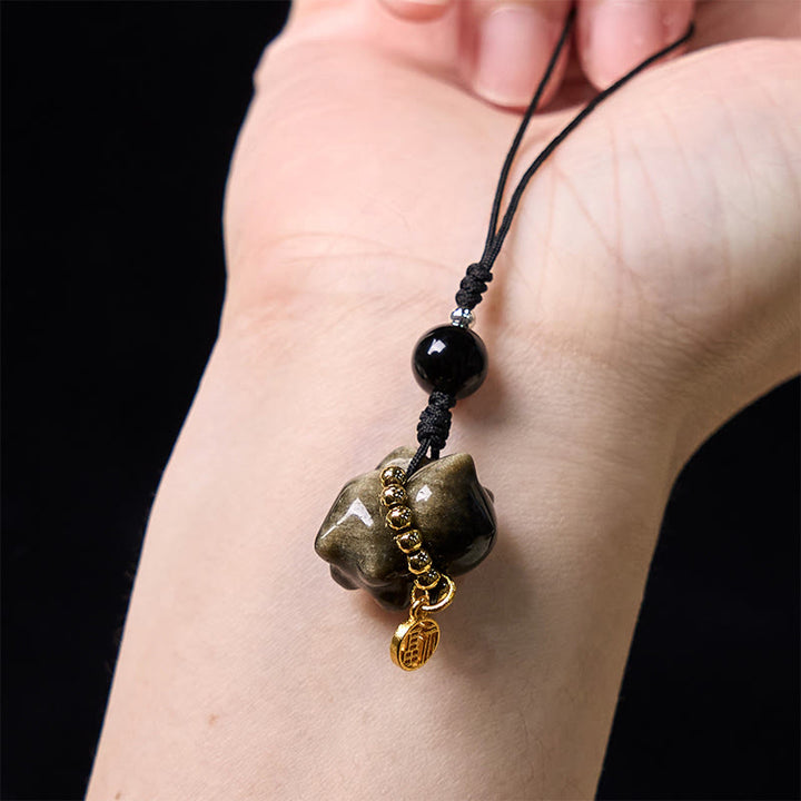 Buddha Stones Silver Sheen Obsidian Black Obsidian Gold Sheen Obsidian Cute Cat Fu Character Protection Key Chain Phone Hanging Decoration - image 21