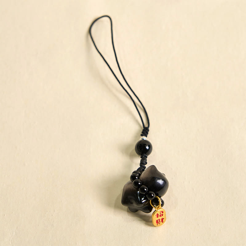 Buddha Stones Silver Sheen Obsidian Black Obsidian Gold Sheen Obsidian Cute Cat Fu Character Protection Key Chain Phone Hanging Decoration - image 13