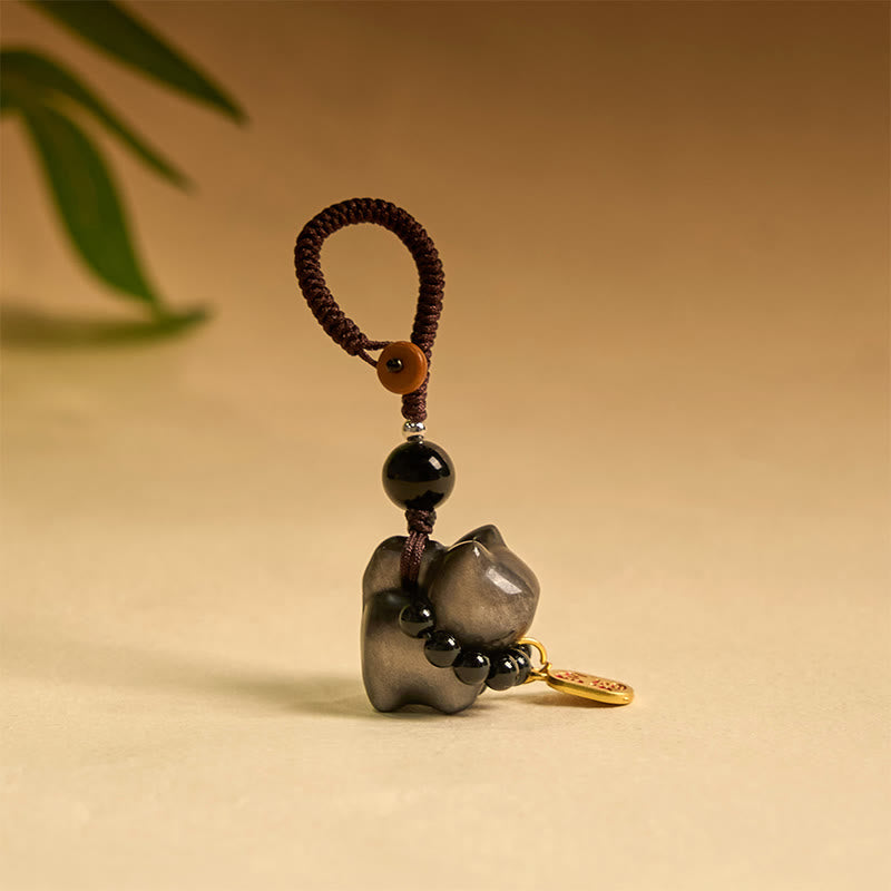 Buddha Stones Silver Sheen Obsidian Black Obsidian Gold Sheen Obsidian Cute Cat Fu Character Protection Key Chain Phone Hanging Decoration - Silver Sheen Obsidian Key Chain - image 1