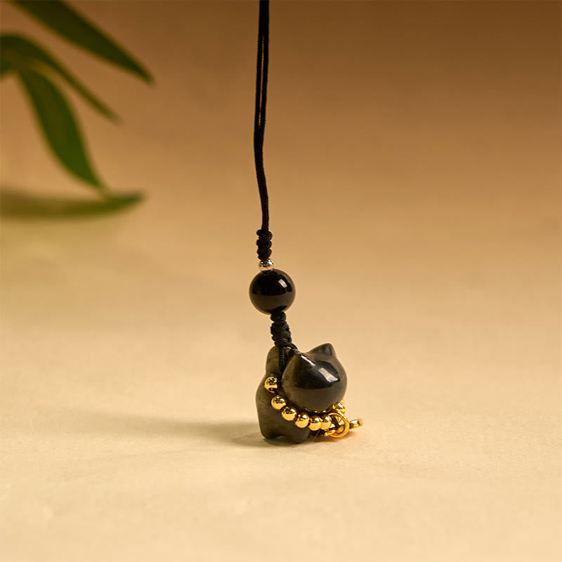Buddha Stones Silver Sheen Obsidian Black Obsidian Gold Sheen Obsidian Cute Cat Fu Character Protection Key Chain Phone Hanging Decoration - image 19